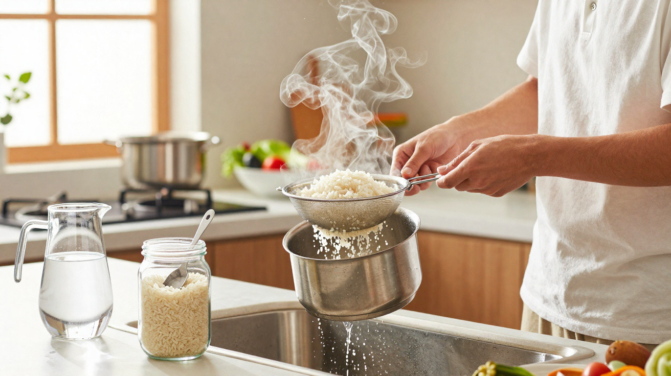 Pessoa a enxaguar arroz quente com vapor num coador sobre lava-louça numa cozinha moderna.