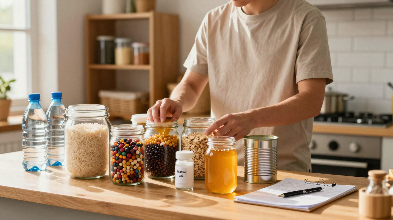 Pessoa a organizar frascos com alimentos variados numa cozinha moderna, com notas e caneta sobre a bancada.