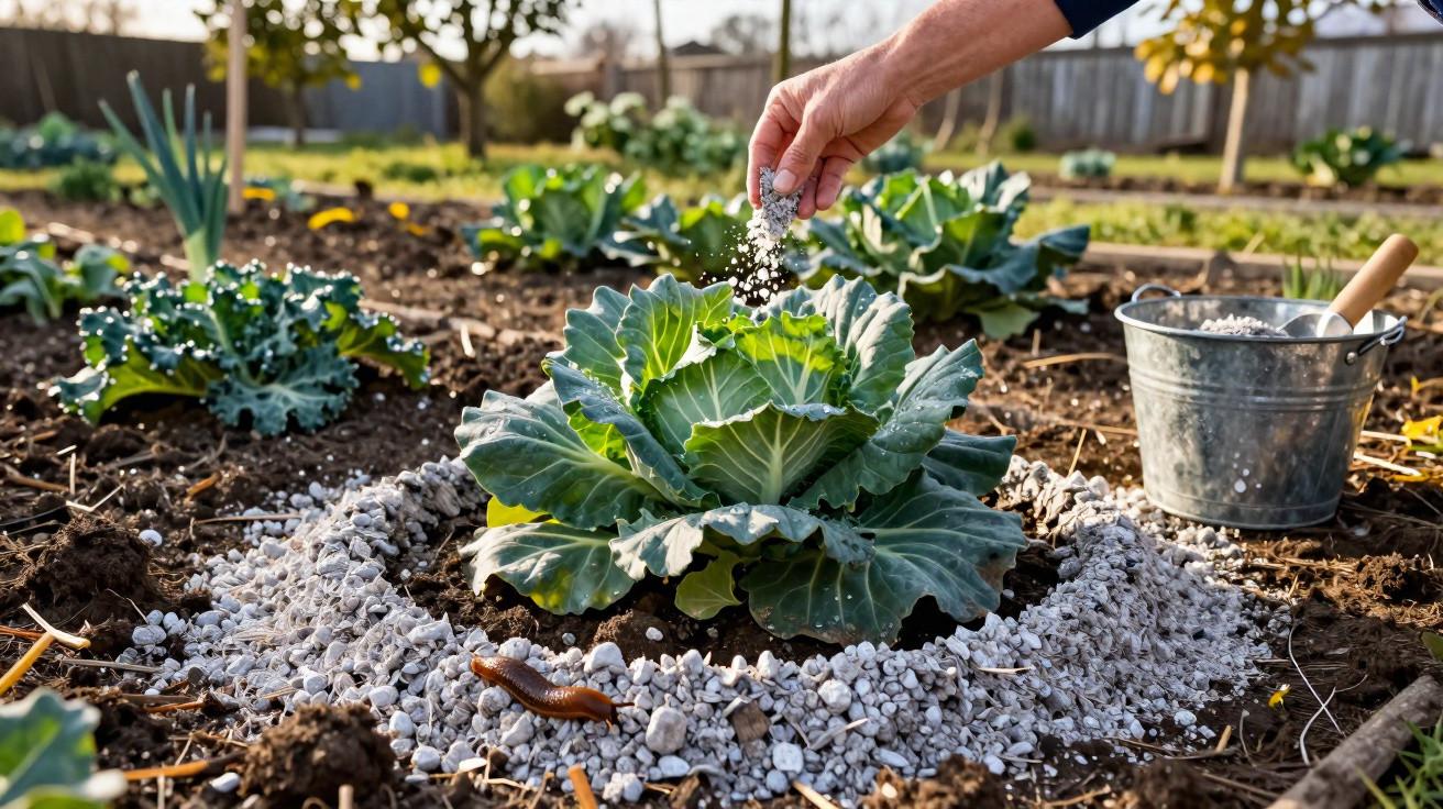 Mão a espalhar fertilizante em couve num jardim com terra e vaso de metal ao lado.