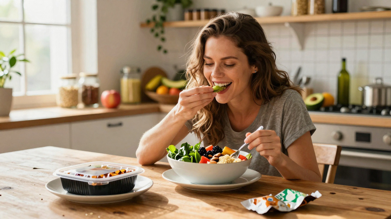 Mulher sorridente a comer salada saudável numa cozinha moderna com luz natural.