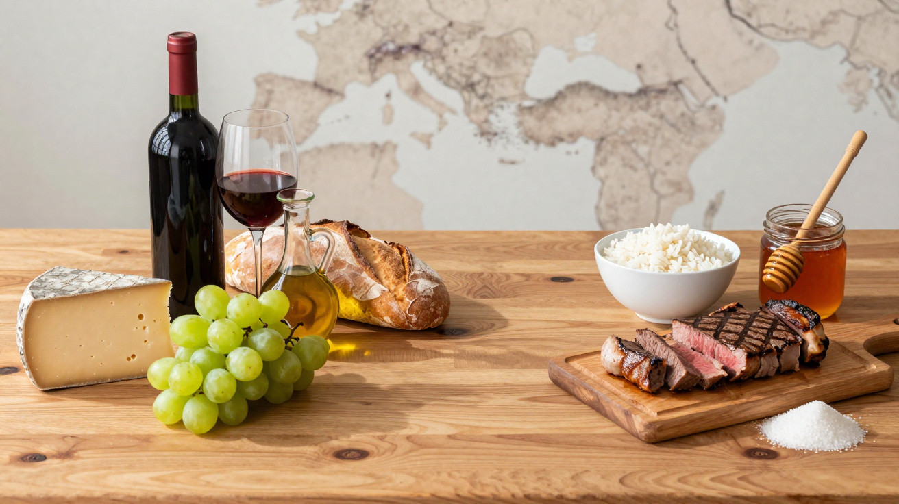 Mesa de madeira com queijo, uvas, vinho, pão, azeite, carne grelhada, arroz, mel e sal.