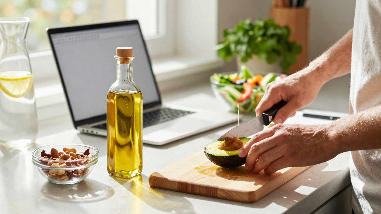 Pessoa a cortar um abacate na cozinha com legumes, frutos secos, azeite e computador ao fundo.