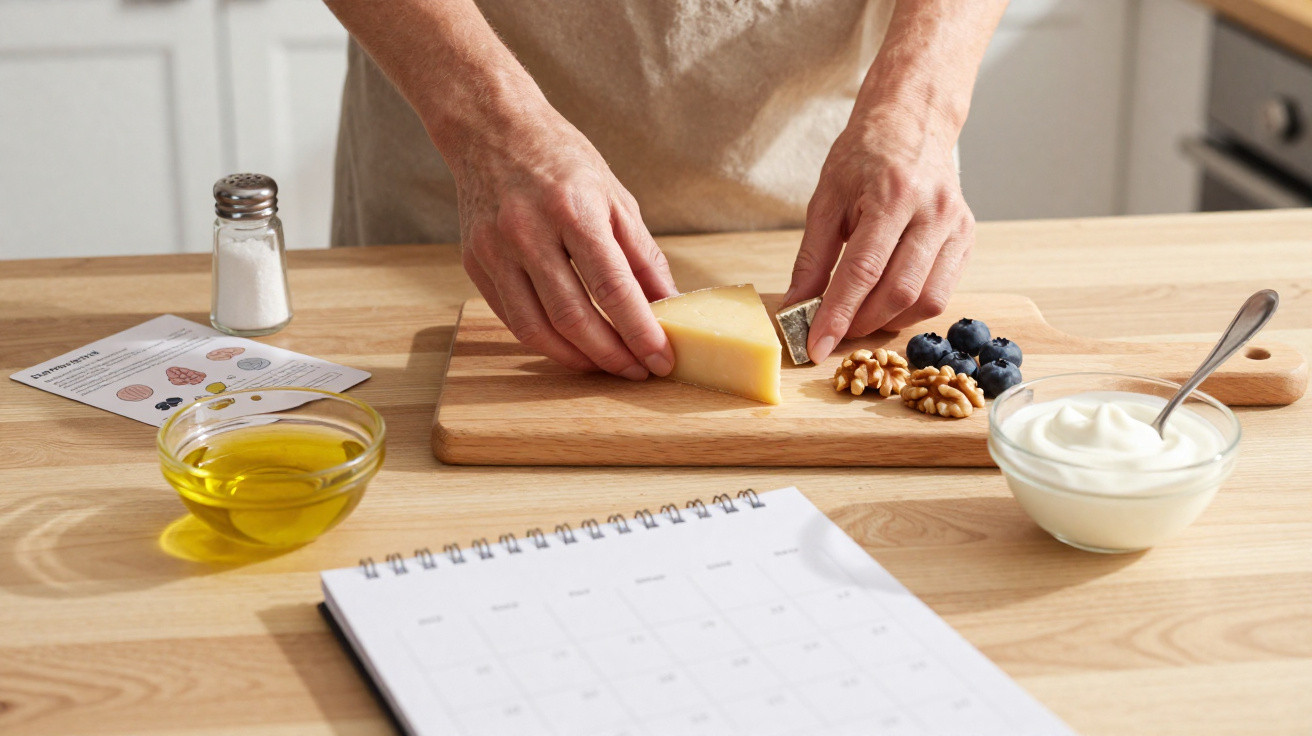 Mãos a cortar queijo numa tábua com mirtilos e nozes, perto de azeite, iogurte e calendário na cozinha.