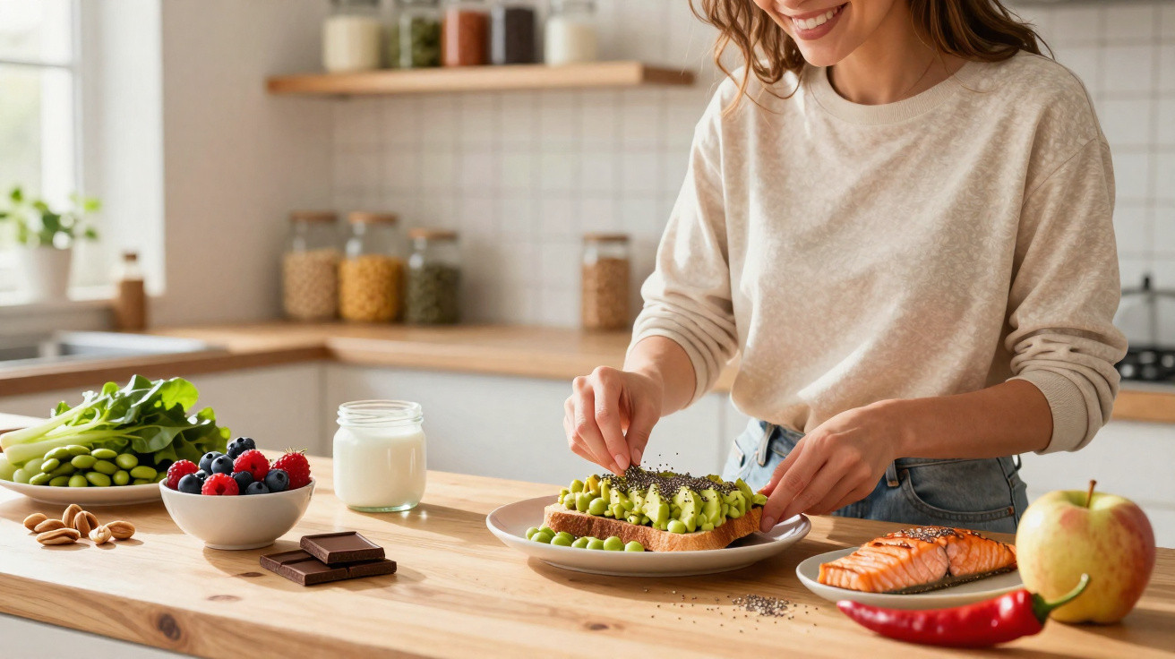 Mulher a preparar tosta de abacate com sementes numa cozinha, rodeada de alimentos saudáveis.