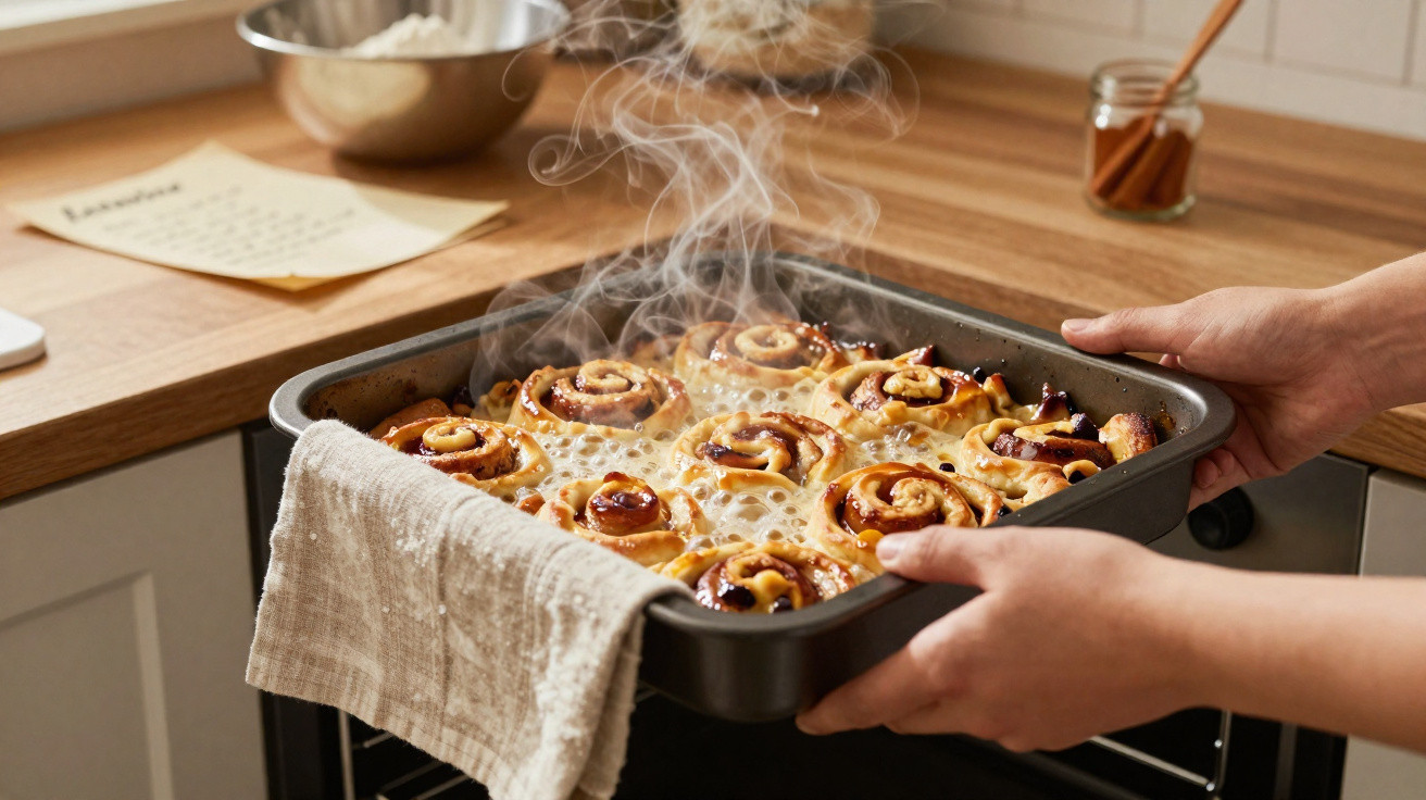 Mãos tiram do forno tabuleiro com caracóis de canela quentes e fumegantes numa cozinha.