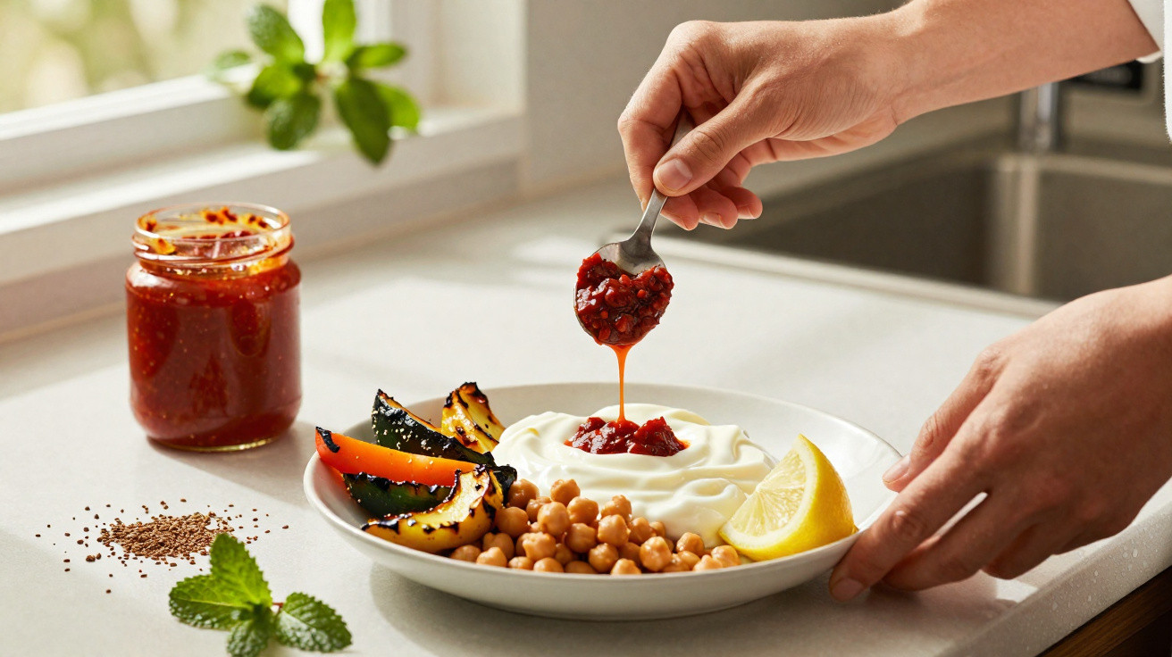 Mão a colocar molho picante num prato com grão, iogurte, legumes grelhados e um pedaço de limão.