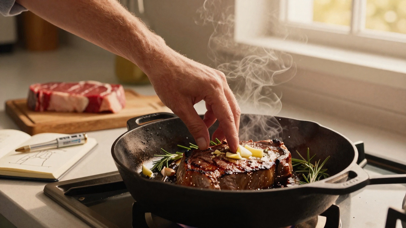 Mão a colocar alho num bife a cozinhar numa frigideira com alecrim, ao lume, numa cozinha iluminada.