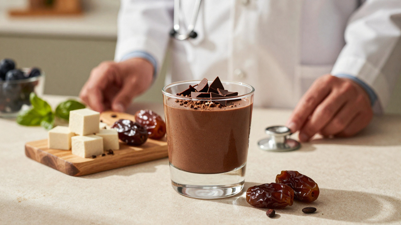 Copo de mousse de chocolate com pedaços de chocolate, tâmaras e um médico ao fundo.