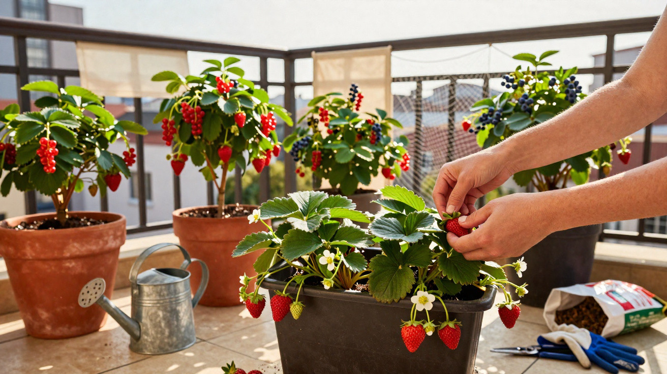 Plantas de morango e arbustos com bagas em vasos num terraço, pessoa colhe morangos maduros.