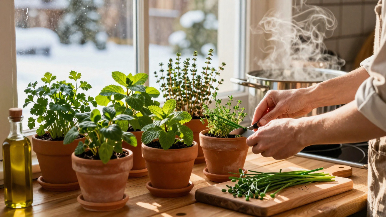 Mãos a cortar ervas aromáticas frescas em jarros de barro numa cozinha iluminada com azeite e placa a cozinhar a vapor.