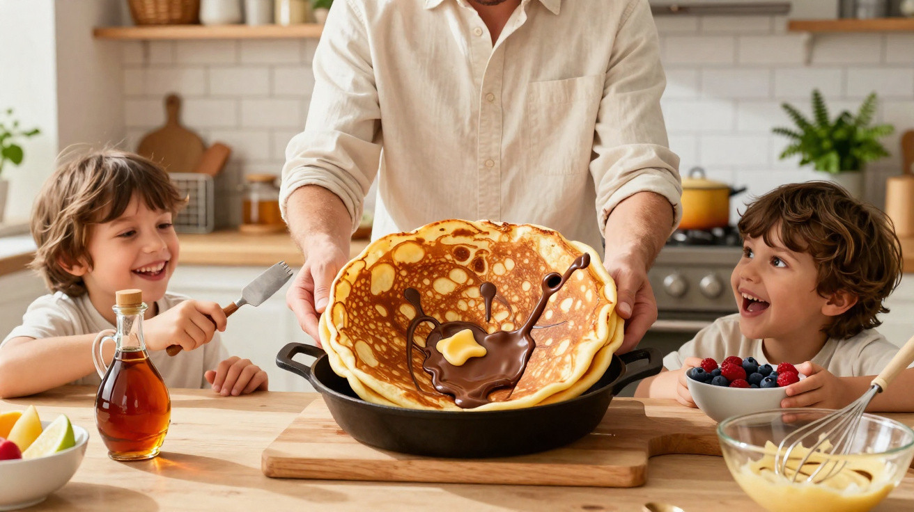 Homem apresenta panquecas com chocolate a duas crianças felizes numa cozinha luminosa.