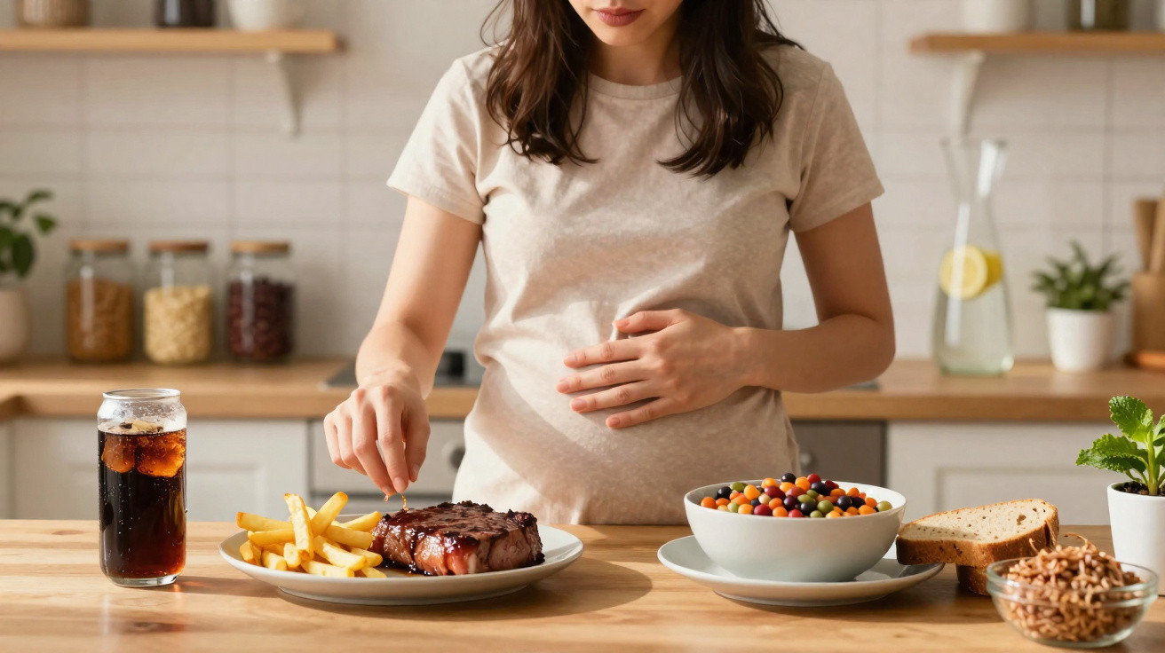 Mulher grávida em cozinha a preparar-se para comer bife com batatas fritas e bebida.