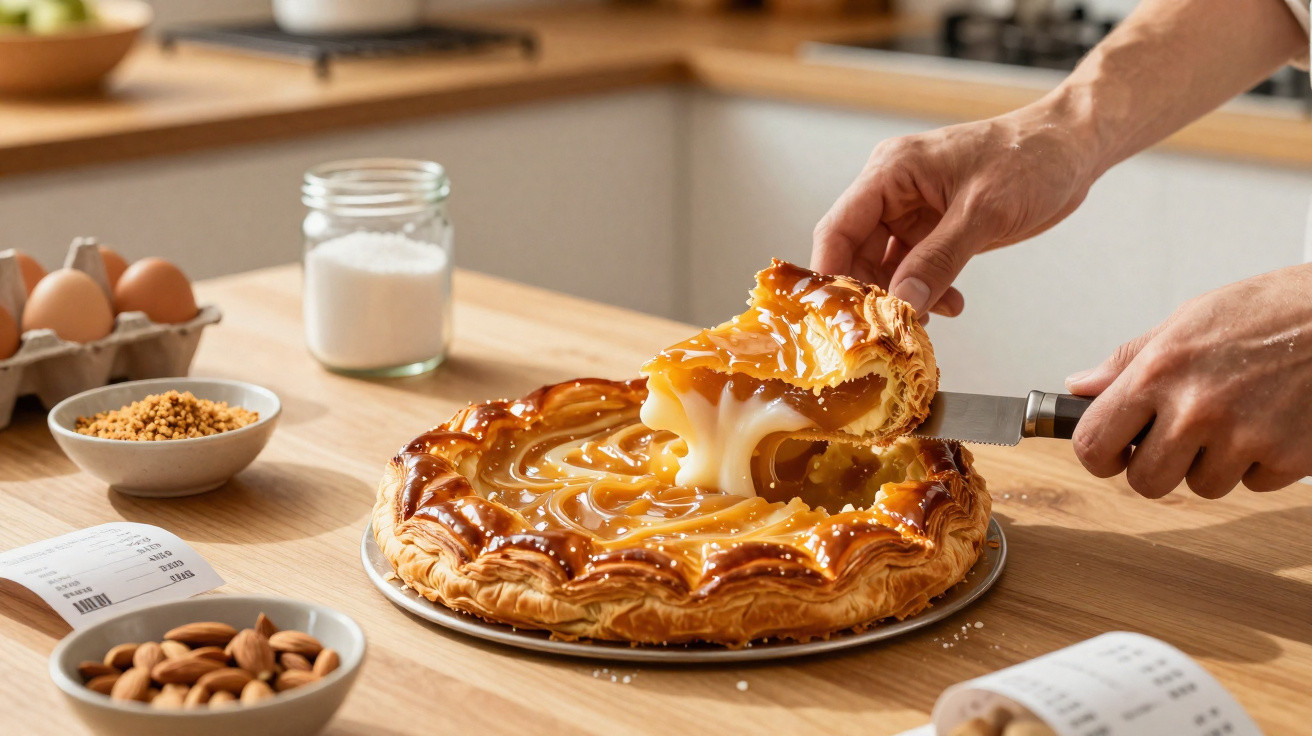 Pessoa a cortar uma fatia de tarte folhada com recheio cremoso numa cozinha moderna.