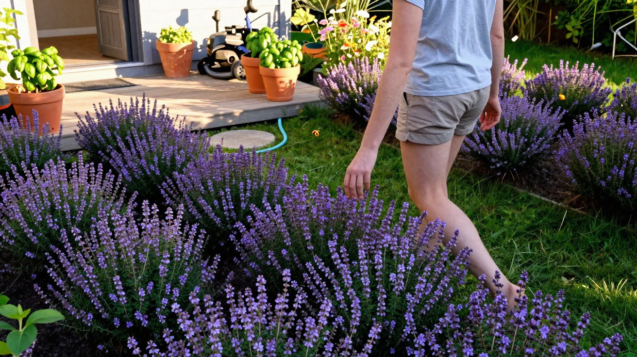 Pessoa de camisa azul e calções caminha num jardim com flores roxas e vasos de plantas junto a uma varanda.
