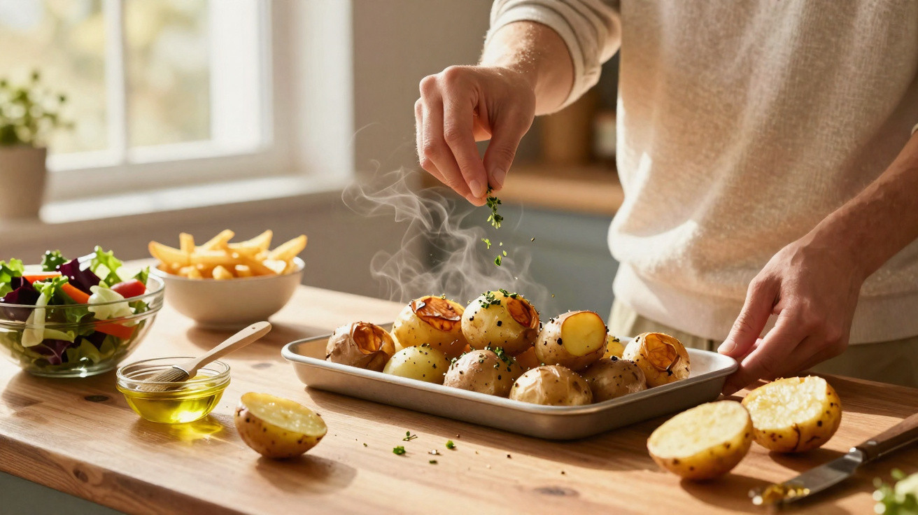 Pessoa a temperar batatas assadas fumegantes numa tabuleiro, com salada, batatas fritas e azeite ao lado.