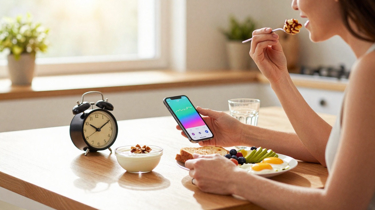 Mulher a tomar pequeno-almoço saudável com ovos, fruta, iogurte e a consultar telemóvel, relógio em cima da mesa.