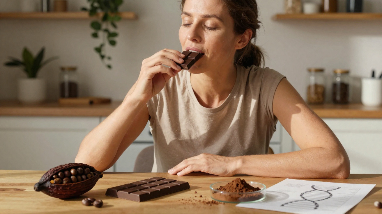 Mulher sentada a saborear uma barra de chocolate numa cozinha com ingredientes de cacau à sua frente.