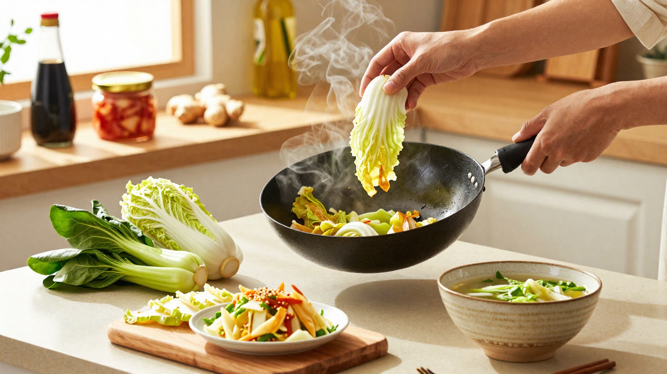 Mãos a cozinhar legumes frescos num wok fumegante numa cozinha moderna e luminosa.
