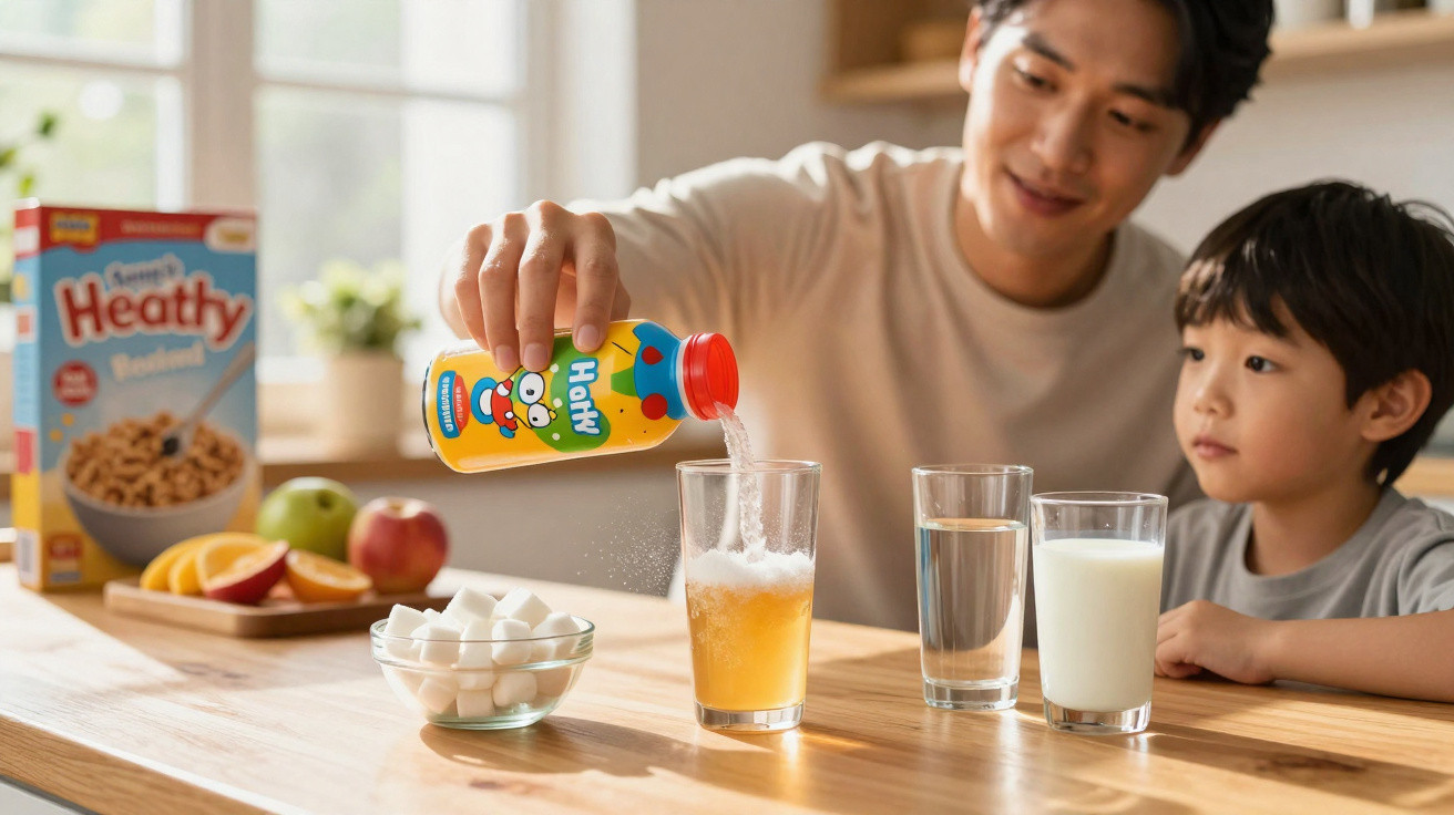 Homem a verter bebida gaseificada numa mesa com criança e vários copos e alimentos.