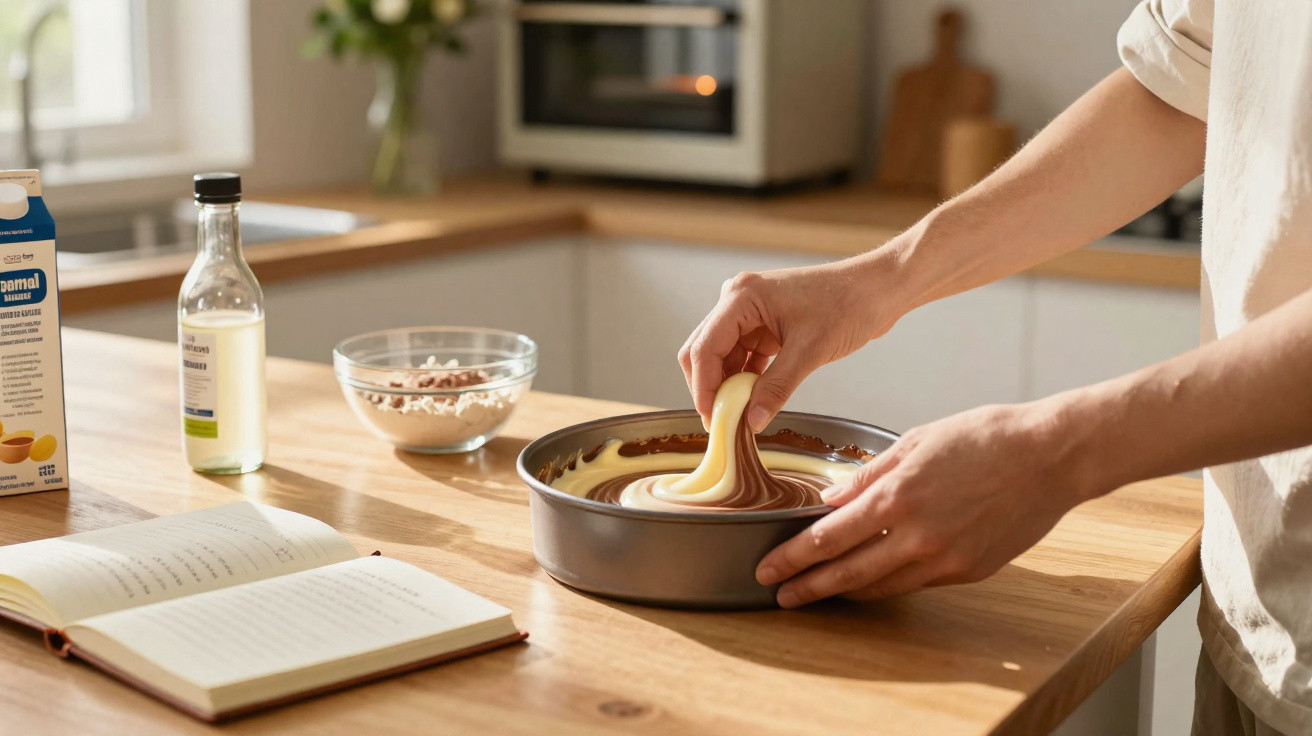 Pessoa a preparar massa de bolo marmoreado numa forma, com livro de receitas aberto e ingredientes na bancada.