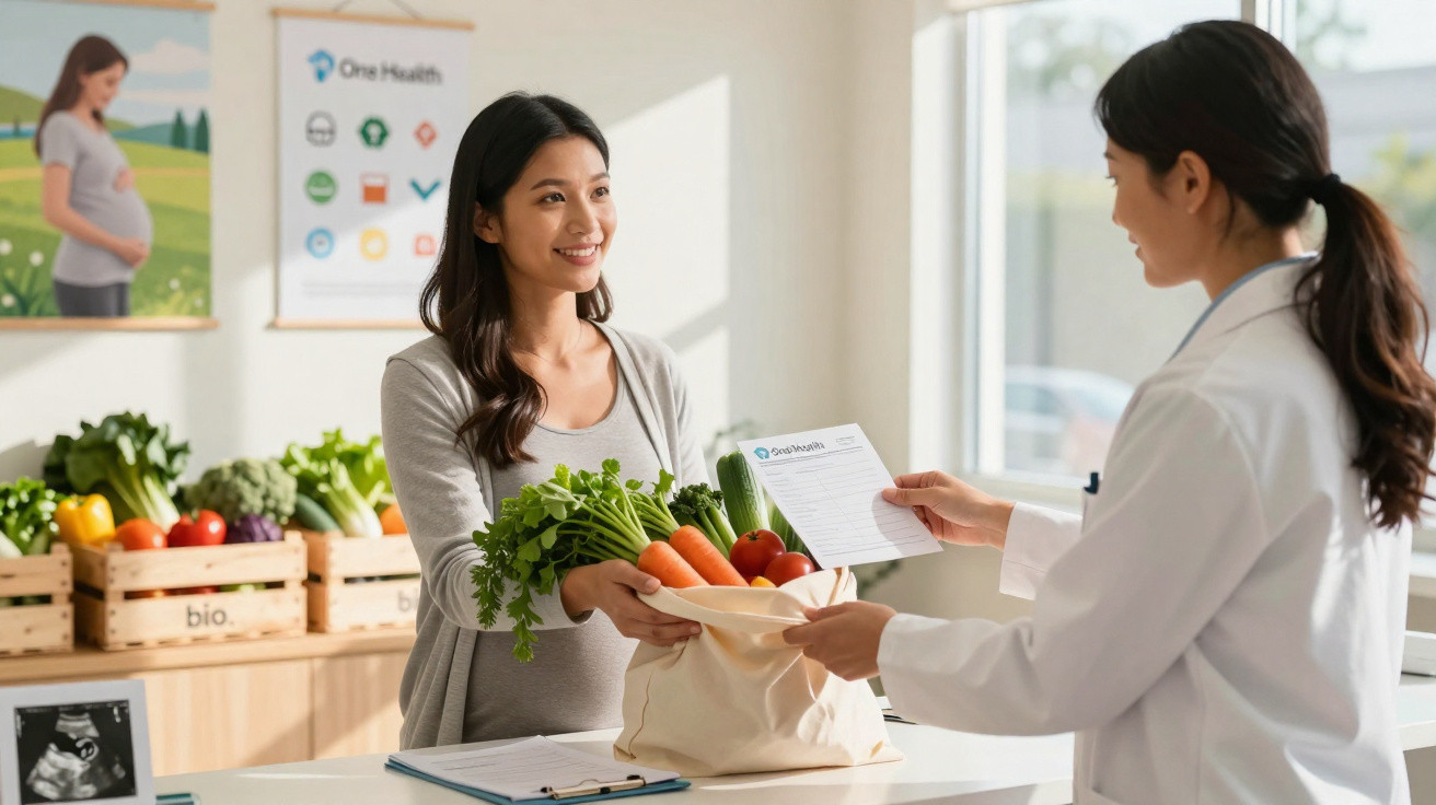 Paciente recebe saco com legumes frescos enquanto conversa com profissional de saúde num consultório.