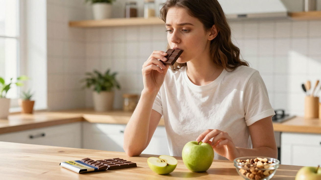 Mulher pensativa a comer chocolate, com uma maçã e frutos secos sobre a mesa numa cozinha iluminada.