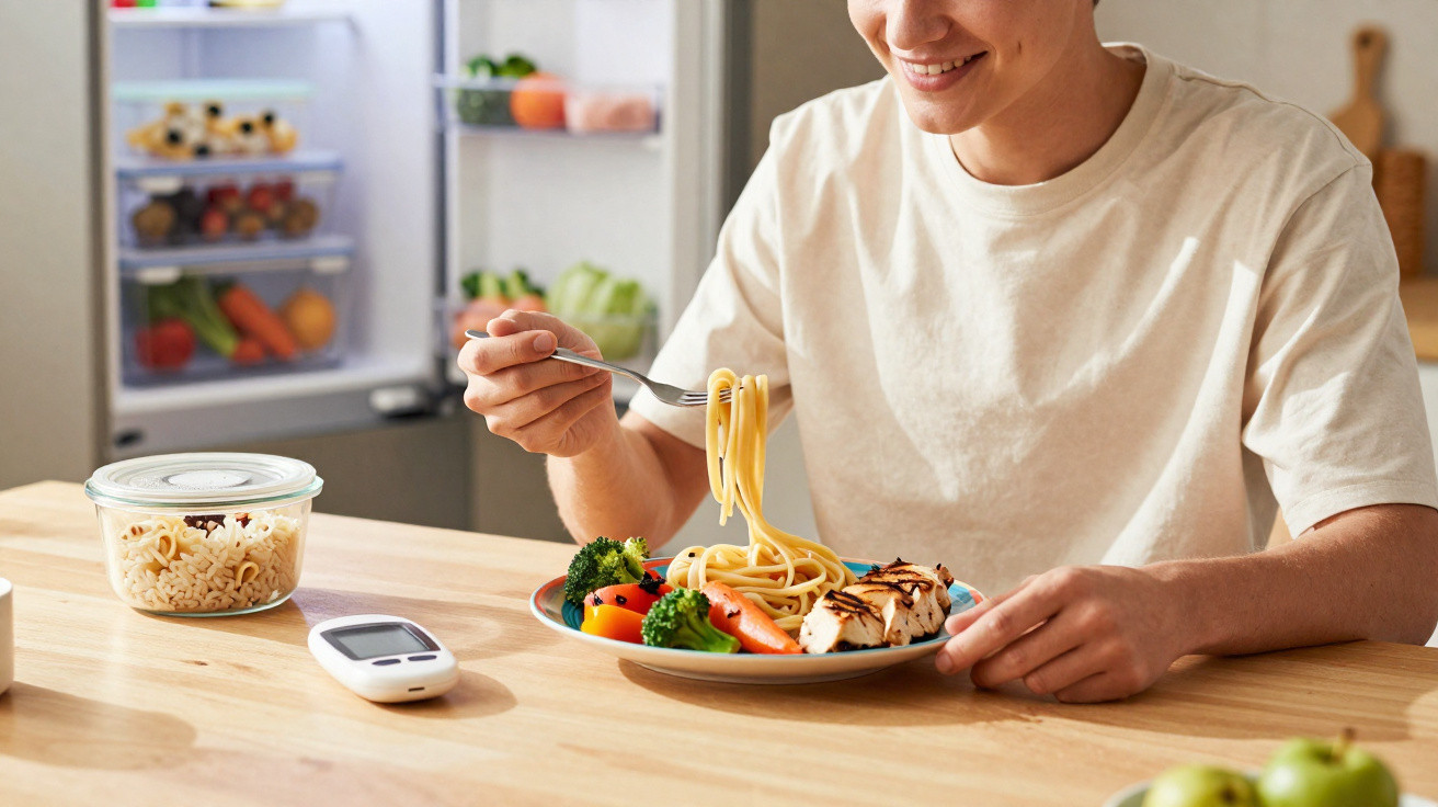 Pessoa sorridente a preparar-se para comer massa com legumes e frango, com um medidor de glicose na mesa.