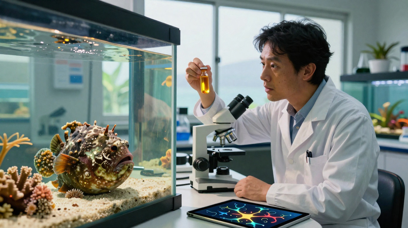 Cientista em laboratório observa amostra líquida enquanto estuda peixe em aquário com microscópio e tablet.