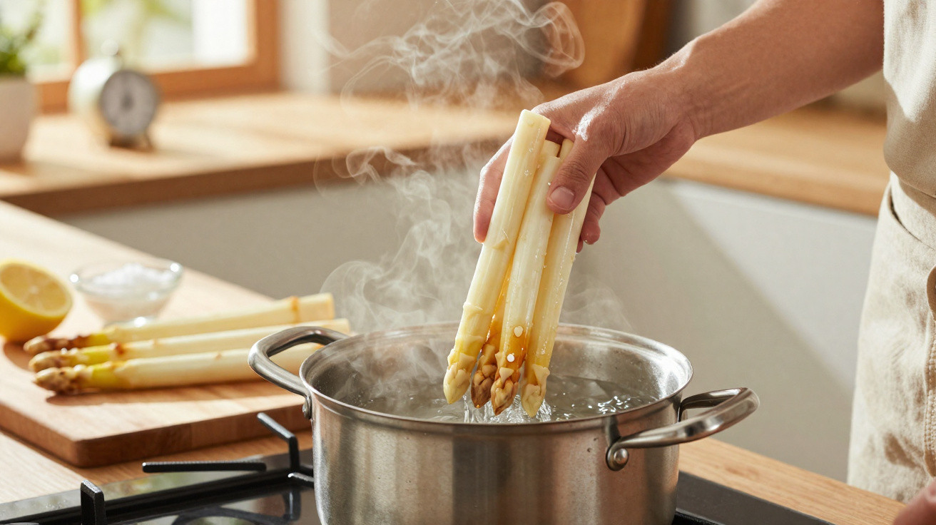Pessoa a cozinhar espargos brancos em água a ferver num tacho de inox numa cozinha iluminada.