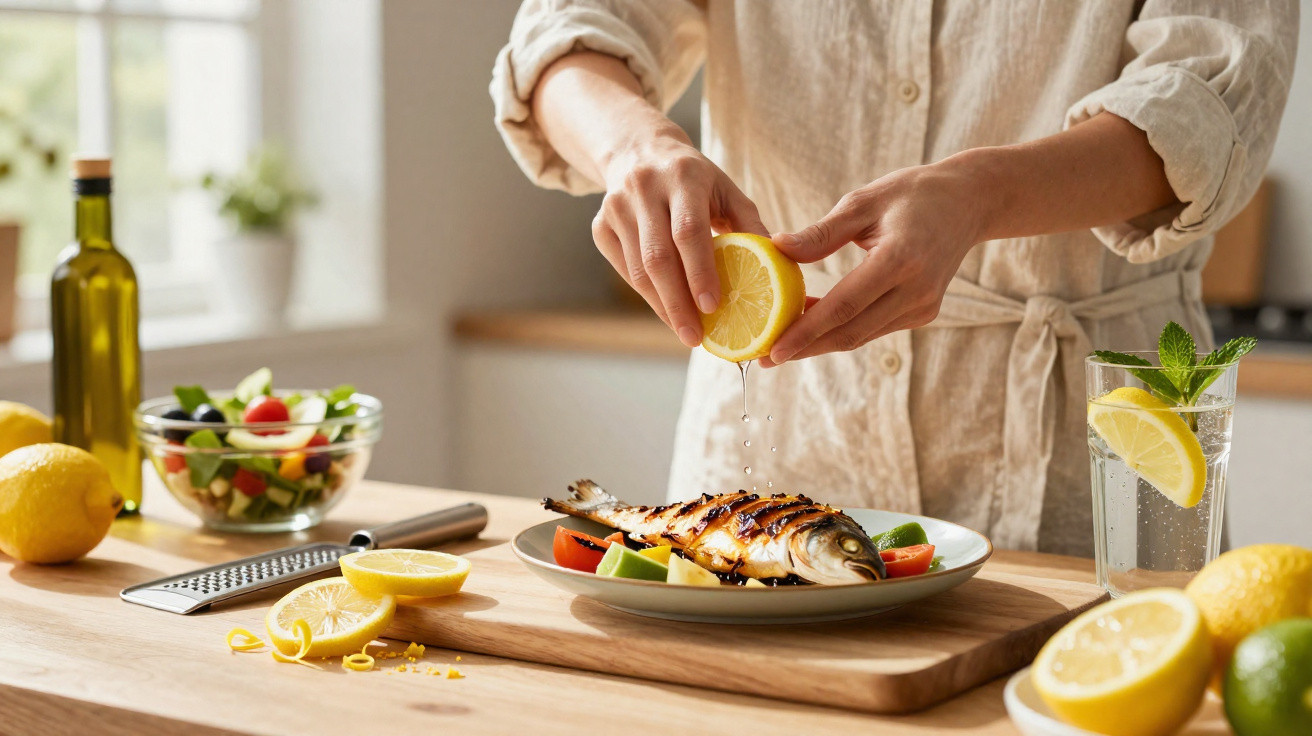 Pessoa a espremer limão sobre peixe grelhado num prato com legumes numa cozinha iluminada.