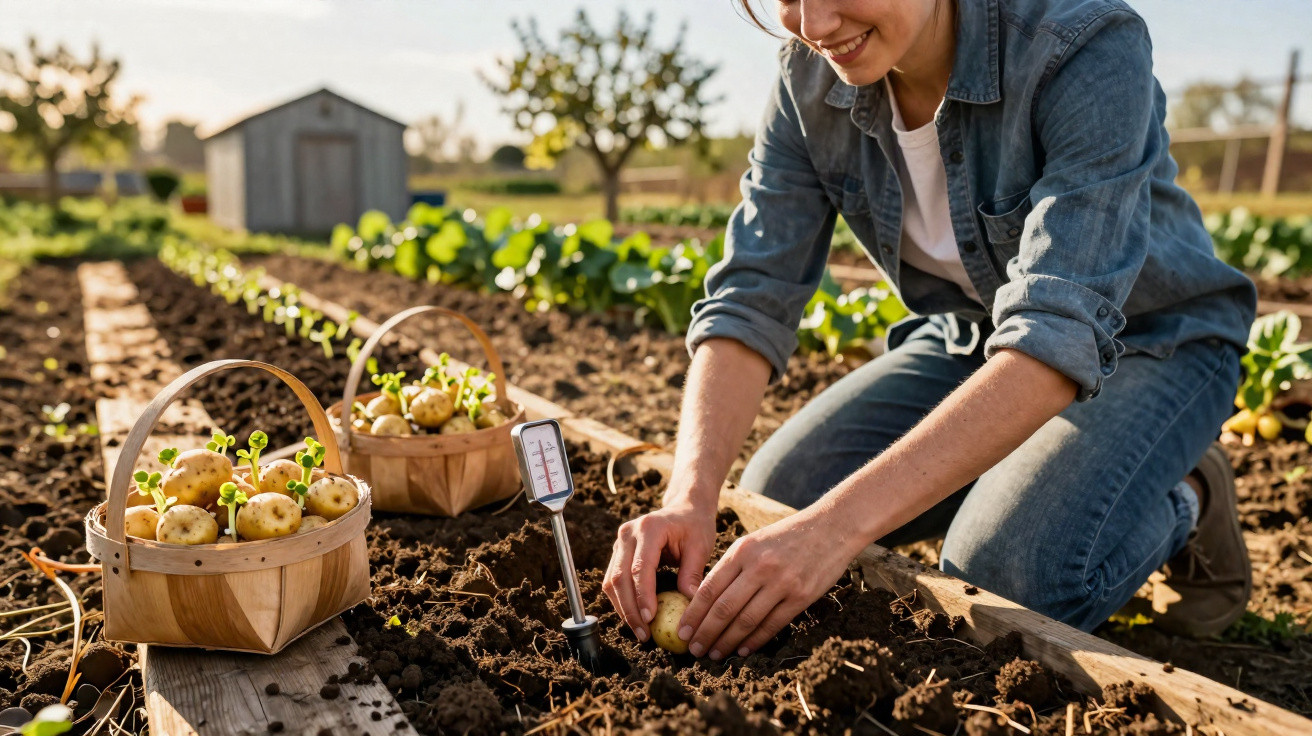 Mulher a plantar batatas num jardim com duas cestas cheias de batatas ao lado e um medidor de humidade no solo.