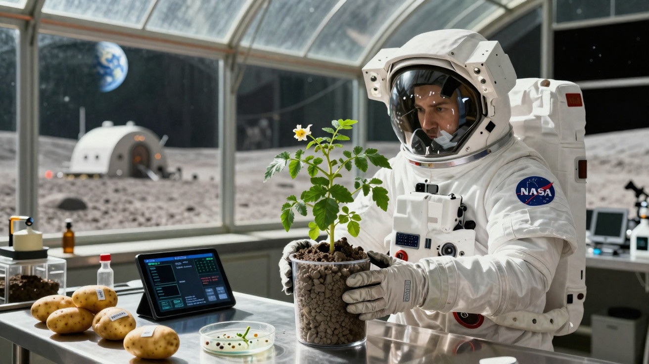 Astronauta da NASA em estação lunar interior a cuidar de planta cultivada para experiências.