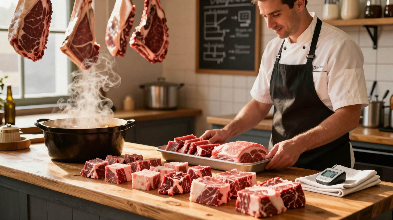 Chef a manusear bandeja com bifes crus em cozinha, com carne pendurada e panela a fumegar.