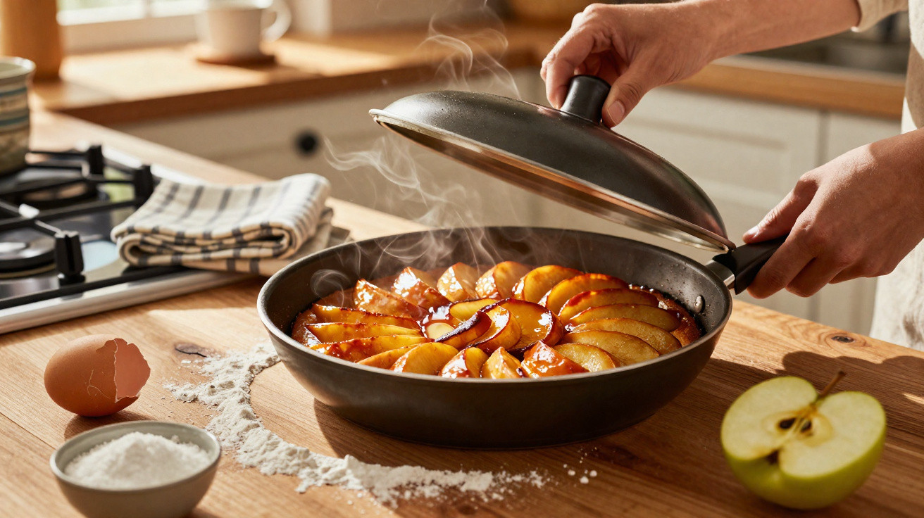 Pá mãos a tirar a tampa de frigideira com maçãs caramelizadas a libertar vapor numa cozinha.