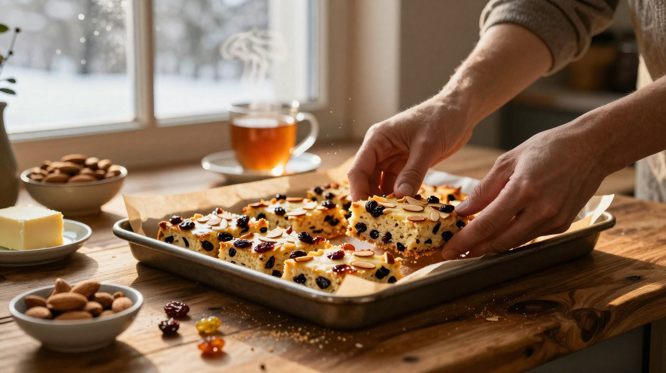 Mãos a pegar pedaço de bolo com frutos secos e amêndoas numa tabuleiro, chá e ingredientes numa mesa de madeira.