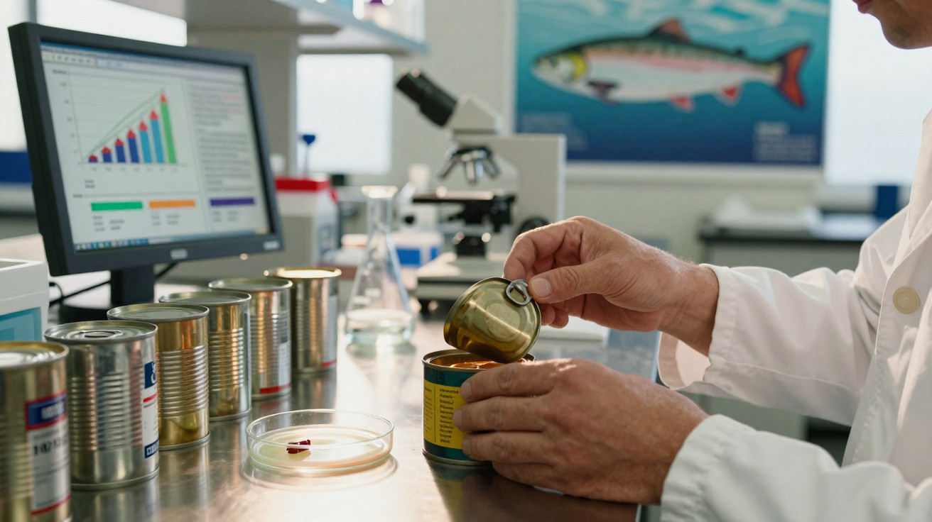 Mãos de cientista a abrir lata para análise em laboratório com microscópio e gráfico no computador.