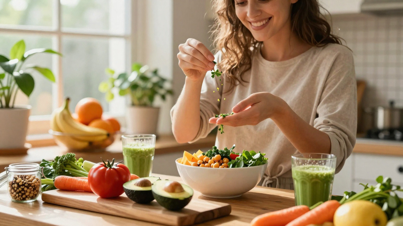 Mulher a preparar salada com leguminosas e legumes frescos numa cozinha luminosa e moderna.