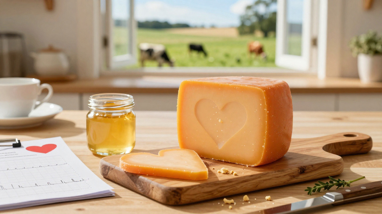 Queijo com desenho de coração numa tábua de madeira, com jarra de mel e campo com vacas ao fundo.