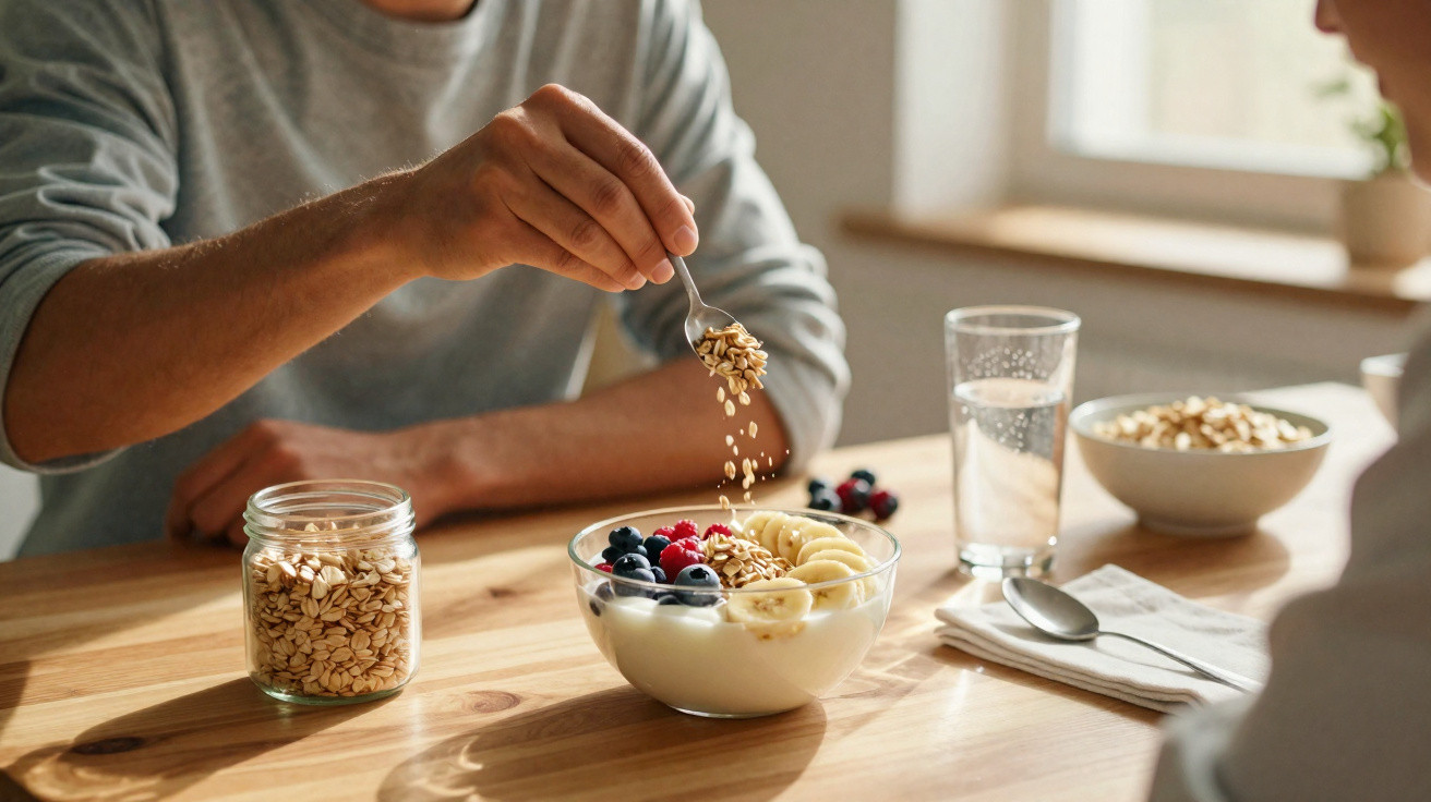 Pessoa a polvilhar aveia numa taça com frutas e banana, junto a copo de água numa mesa de madeira.