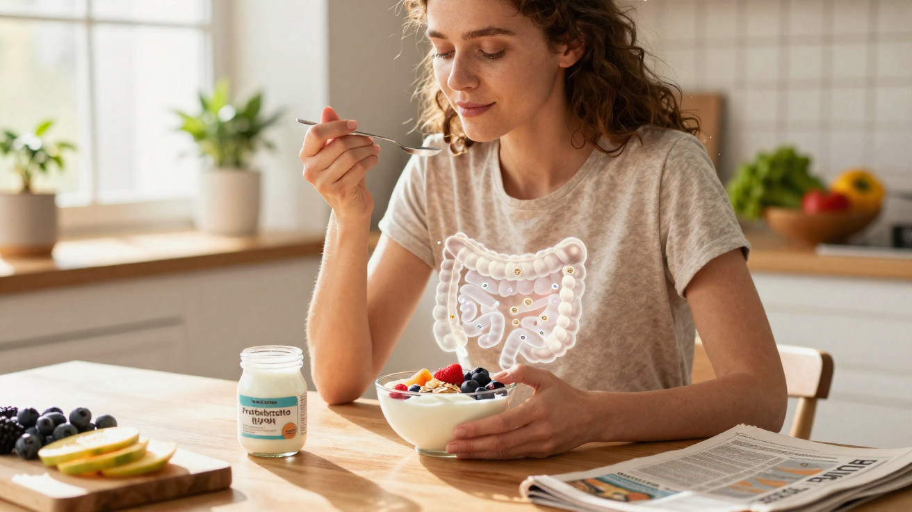 Mulher a comer iogurte com frutas e granola, com ilustração digital do intestino sobre o tronco.
