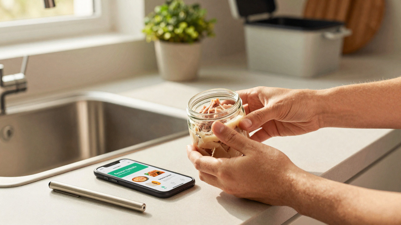 Pessoa a segurar frasco de vidro com restos de comida na cozinha, junto a telemóvel com app aberta sobre a bancada.