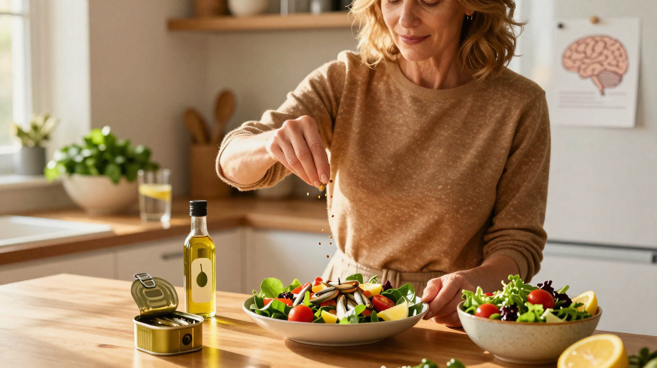 Mulher tempera salada com óleo e especiarias na cozinha moderna e luminosa.