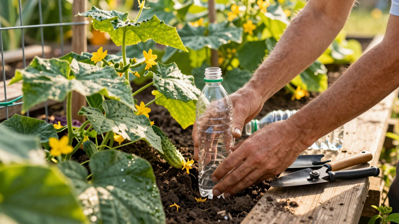 Mãos a usar garrafa de plástico perfurada para regar plantas num canteiro de jardim com flores amarelas.