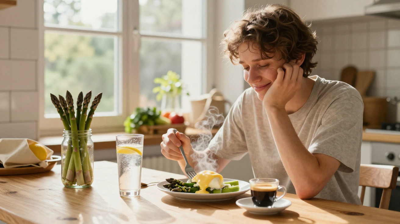 Homem jovem a saborear refeição quente com espargos e molho numa cozinha luminosa.