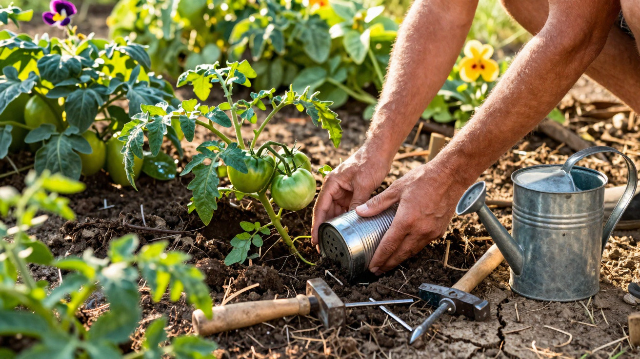 Pessoa a plantar tomateiros num jardim com regador e ferramentas de jardinagem ao lado.