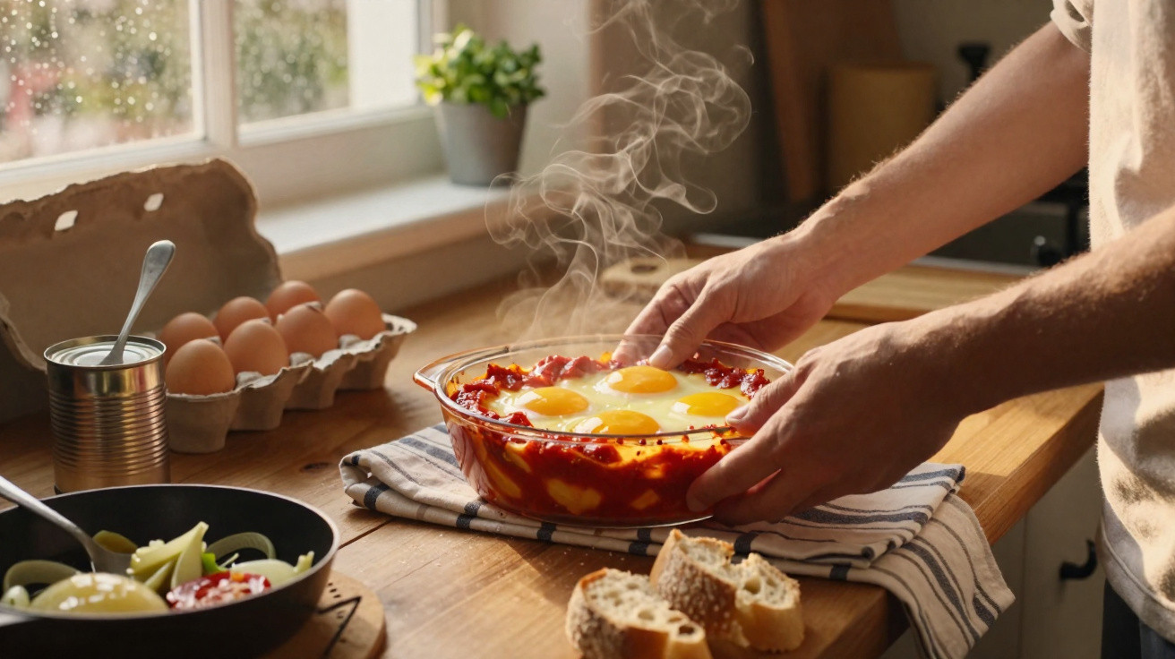Pessoa a retirar do forno prato com ovos feitos em molho de tomate, ao lado de pão e legumes numa cozinha iluminada.