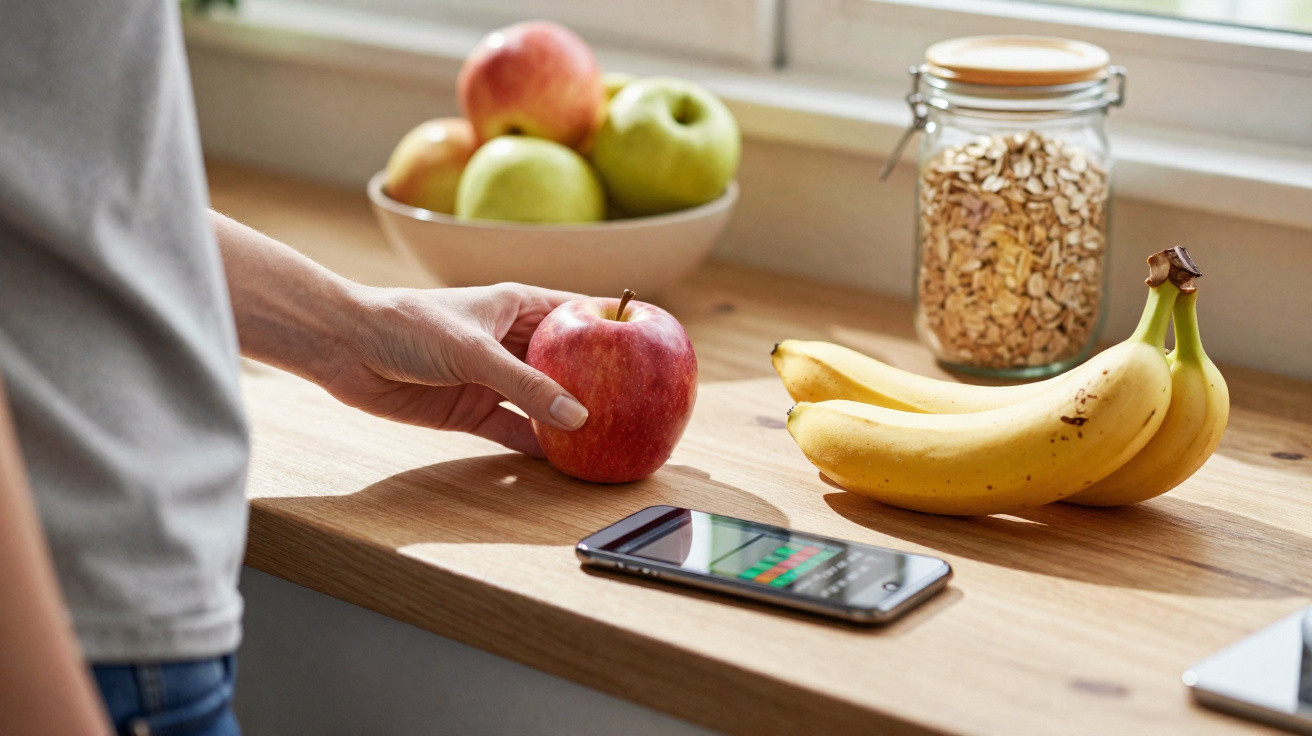 Pessoa a segurar uma maçã junto a bananas, um medidor de glicose, um telemóvel e um frasco de flocos de aveia numa cozinha.
