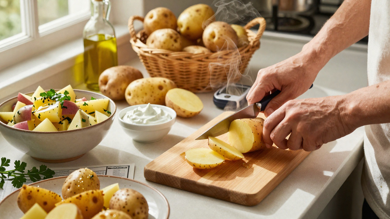 Pessoa a cortar batatas frescas numa tábua de madeira, com ingredientes e cesto de batatas na bancada.