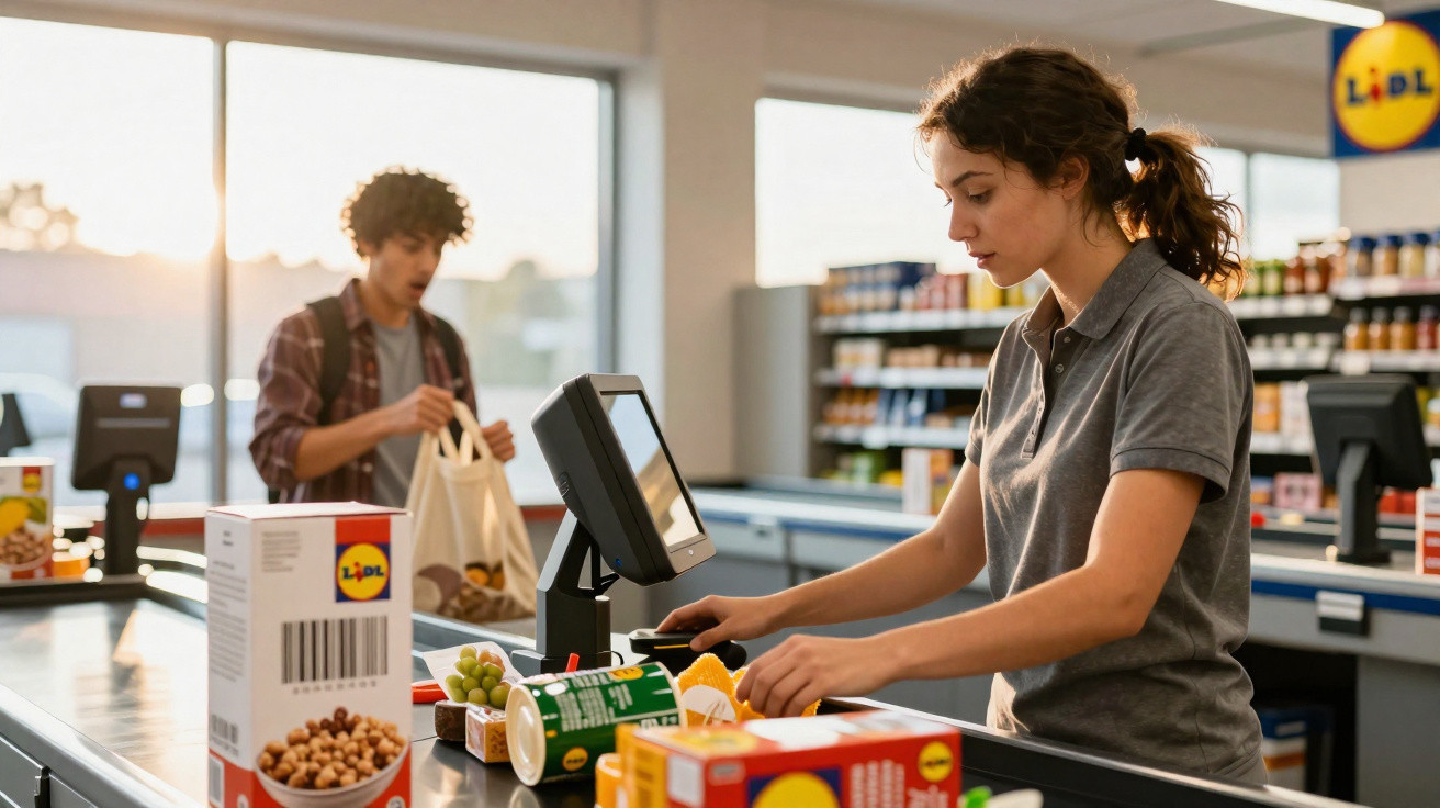 Jovem a passar supermercado no supermercado com vários produtos frescos enquanto outra pessoa embala compras ao fundo.