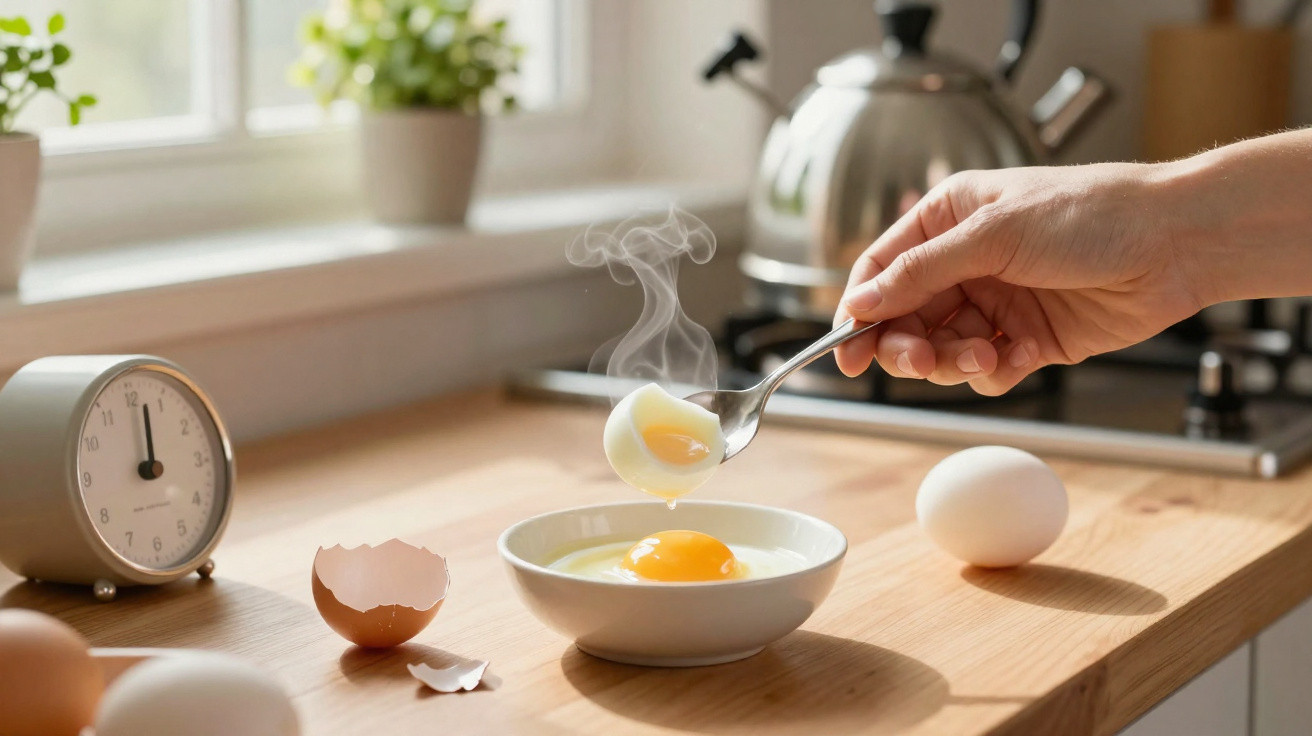 Mãos a retirar sal de colher para ovo quente partido numa casca na cozinha iluminada por luz natural.